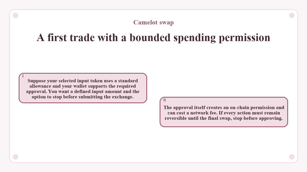 A first trade with a bounded spending permission: Suppose your selected input token uses a standard allowance and your wallet supports the required approval. You want a defined input amount and the option to stop before submitting the exchange.; The approval itself creates an on-chain permission and can cost a network fee. If every action must remain reversible until the final swap, stop before approving.